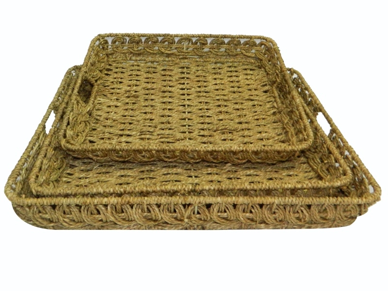 Refined Open Weave Seagrass Serving Tray Set with Handles - Eco-friendly Home Decor